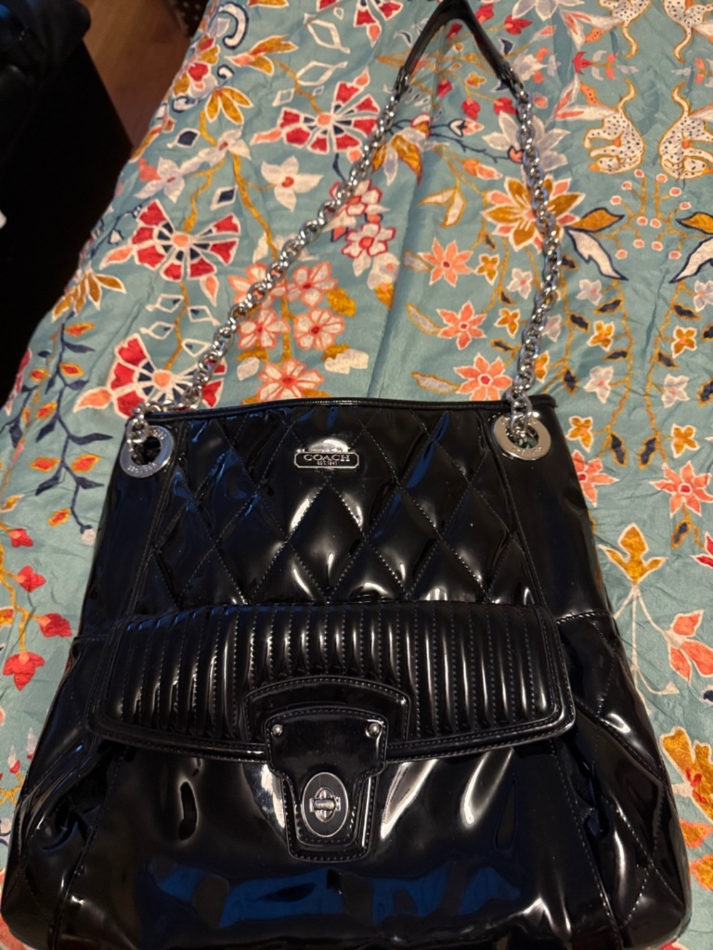 Coach Black Quilted Patent Leather Shoulder Bag with Chain Strap